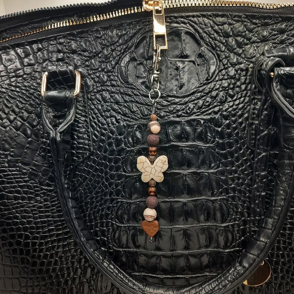 Handmade Beaded Butterfly Bag Charm Diffuser Keychain Heart Earthy Brown Cream